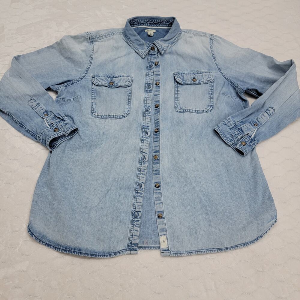 LL Bean Mens Large Denim Shirt 1912 Heritage Light Wash Cotton Button Down Blue